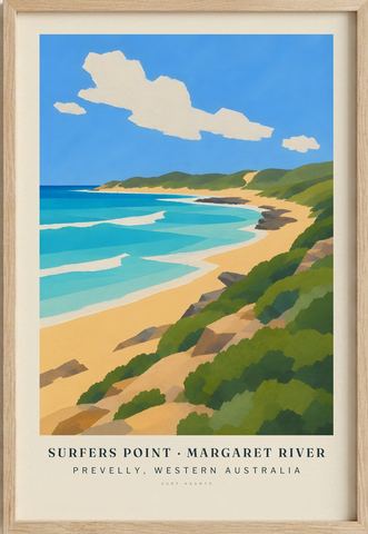 Surfers Point · Margaret River surf poster in an oak frame