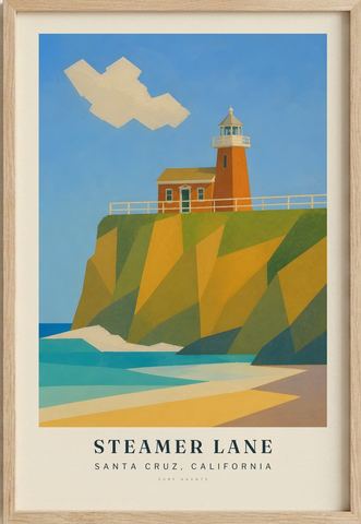 Steamer Lane surf poster in an oak frame