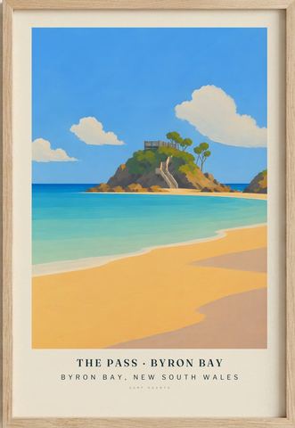 The Pass · Byron Bay surf poster in an oak frame