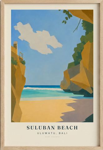 Suluban Beach surf poster in an oak frame