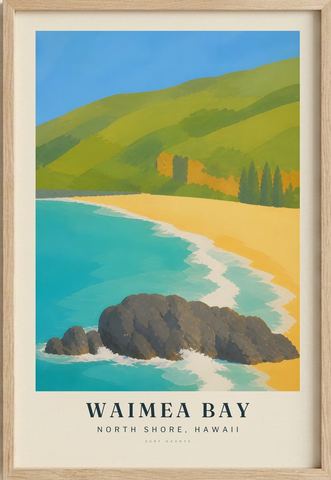 Waimea Bay surf poster in an oak frame