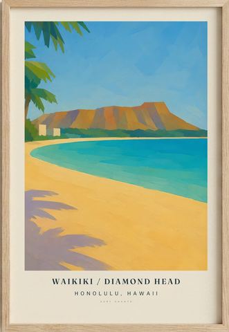 Waikiki / Diamond Head surf poster in an oak frame